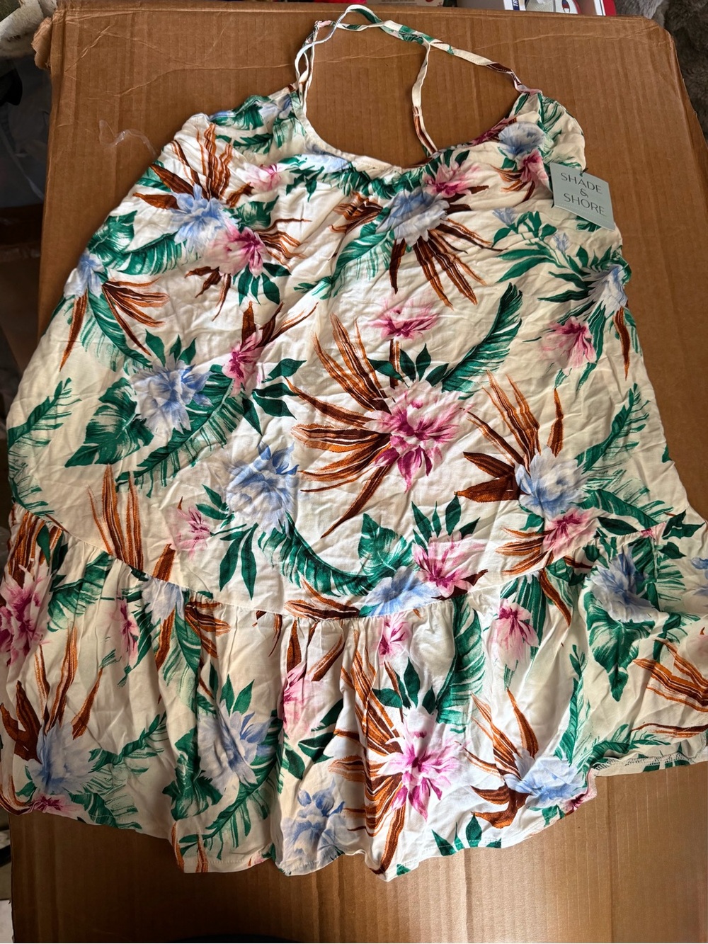 Shade & Shore Cream Floral Tie-Strap Dress with Green Leaves